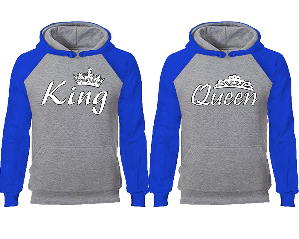 King Queen couple hoodies, raglan hoodie. Royal Blue Grey hoodie mens, Royal Blue Grey red hoodie womens. 