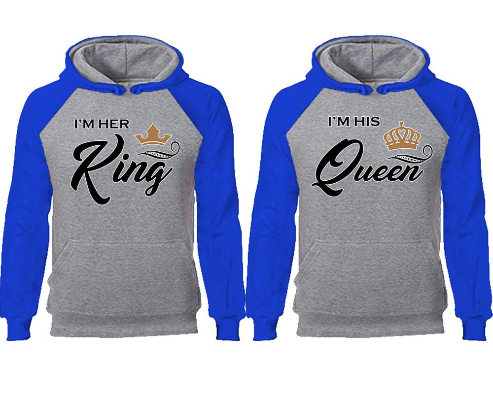 King Queen couple hoodies, raglan hoodie. Royal Blue Grey hoodie mens, Royal Blue Grey red hoodie womens. 
