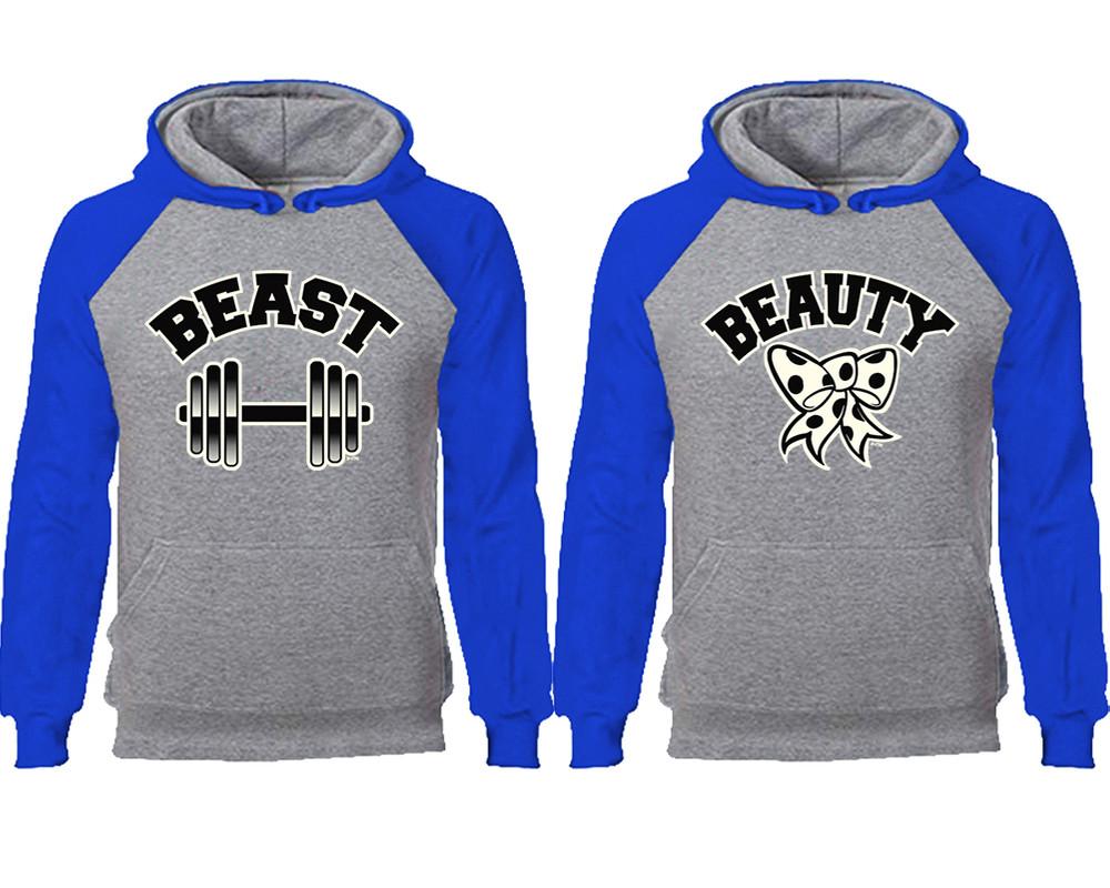 Beast Beauty couple hoodies, raglan hoodie. Royal Blue Grey hoodie mens, Royal Blue Grey red hoodie womens. 