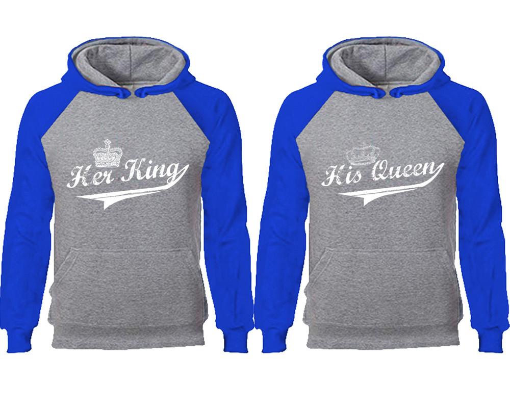 Her King His Queen couple hoodies, raglan hoodie. Royal Blue Grey hoodie mens, Royal Blue Grey red hoodie womens. 