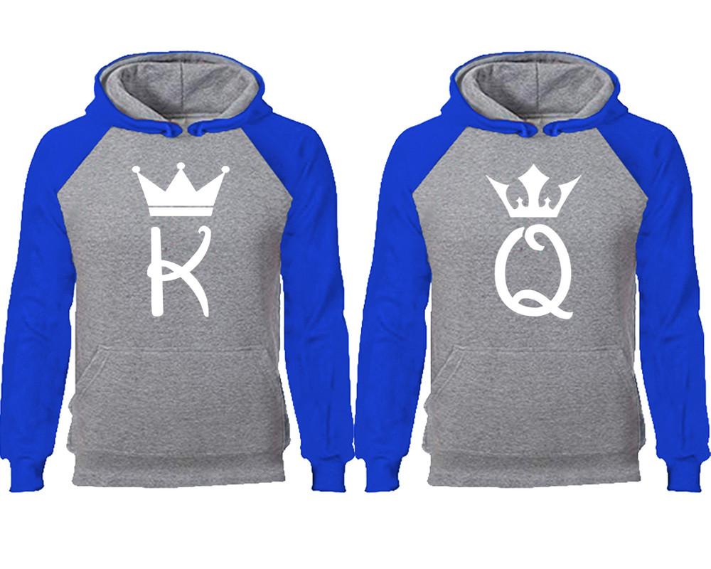 King Queen couple hoodies, raglan hoodie. Royal Blue Grey hoodie mens, Royal Blue Grey red hoodie womens. 