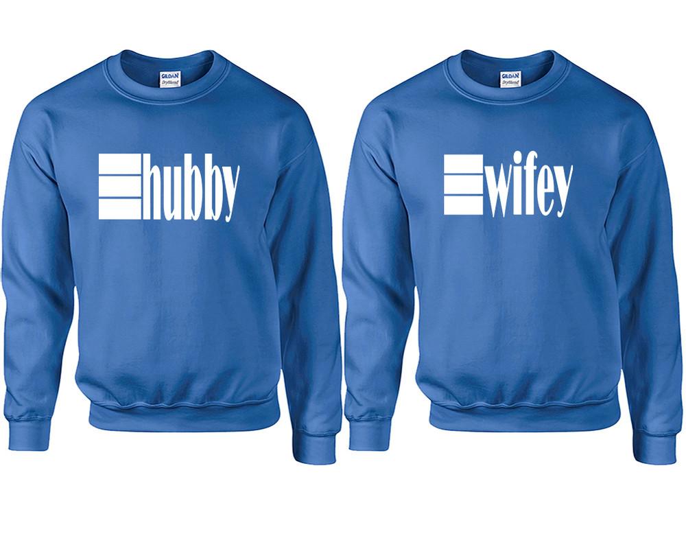 Hubby and Wifey couple sweatshirts. Royal Blue sweaters for men, sweaters for women. Sweat shirt. Matching sweatshirts for couples