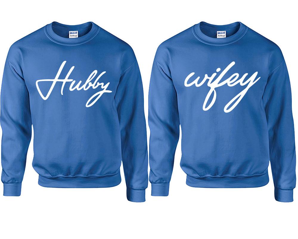 Hubby Wifey couple sweatshirts. Royal Blue sweaters for men, sweaters for women. Sweat shirt. Matching sweatshirts for couples