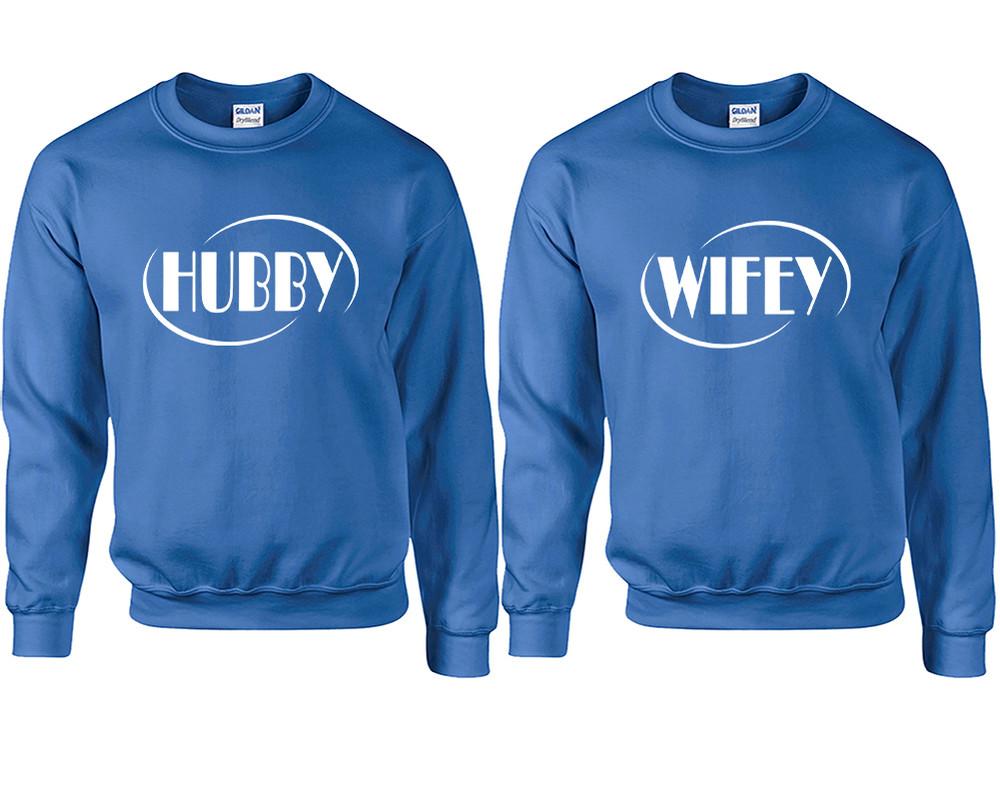 Hubby and Wifey couple sweatshirts. Royal Blue sweaters for men, sweaters for women. Sweat shirt. Matching sweatshirts for couples