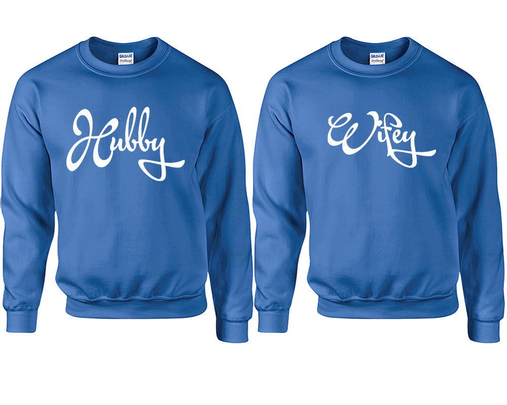 Hubby and Wifey couple sweatshirts. Royal Blue sweaters for men, sweaters for women. Sweat shirt. Matching sweatshirts for couples