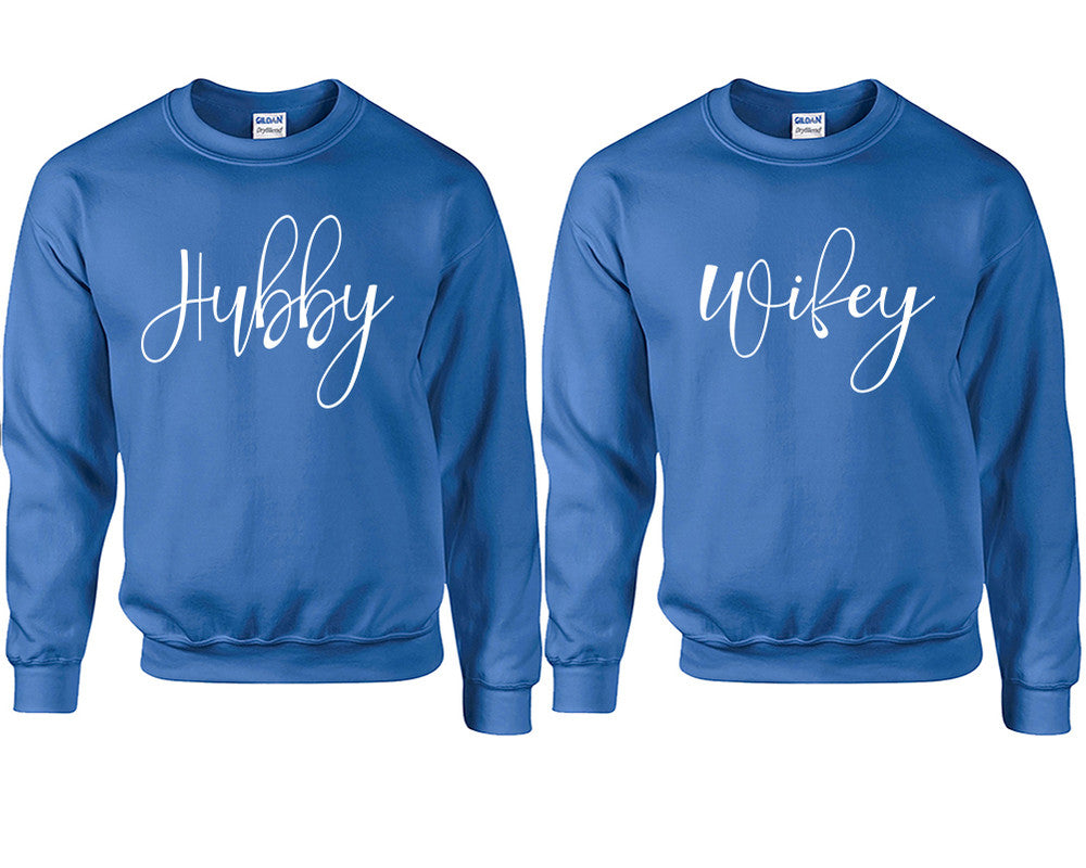 Hubby and Wifey couple sweatshirts. Royal Blue sweaters for men, sweaters for women. Sweat shirt. Matching sweatshirts for couples