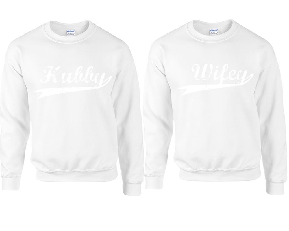 Hubby Wifey couple sweatshirts. White sweaters for men, sweaters for women. Sweat shirt. Matching sweatshirts for couples