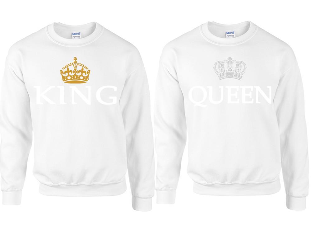 King Queen couple sweatshirts. White sweaters for men, sweaters for women. Sweat shirt. Matching sweatshirts for couples