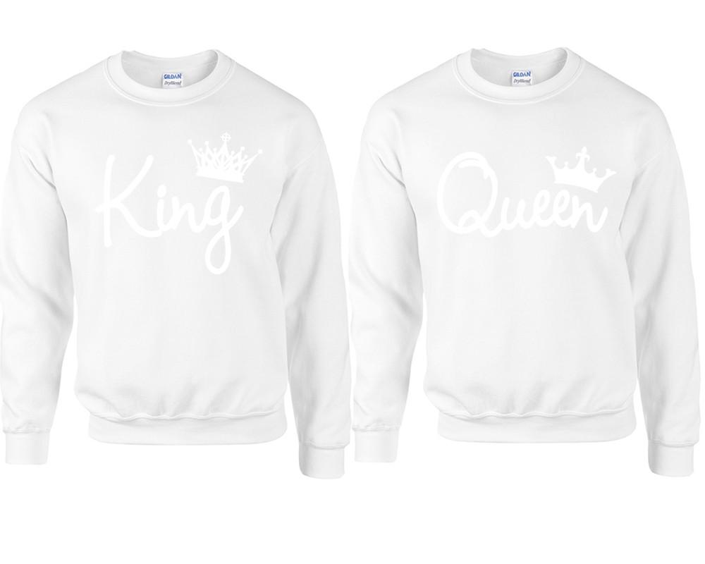 King Queen couple sweatshirts. White sweaters for men, sweaters for women. Sweat shirt. Matching sweatshirts for couples